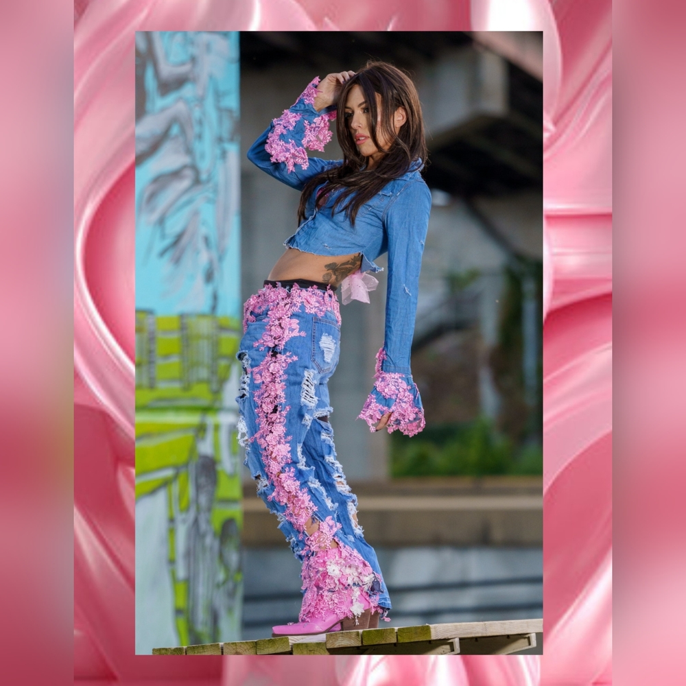 Custom Order "OAKLEE" Pink Lace Destroyed Jeans & Denim Top Set